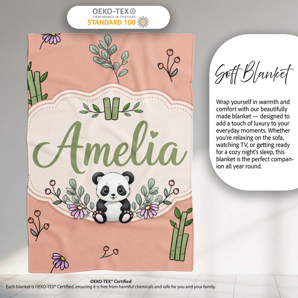 Cute Panda Bamboo and Floral Minimal Seamless Pattern on Peach Personalised Custom Name Super Soft Fleece Blanket Bed Sofa Throw