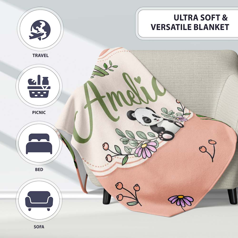 Cute Panda Bamboo and Floral Minimal Seamless Pattern on Peach Personalised Custom Name Super Soft Fleece Blanket Bed Sofa Throw