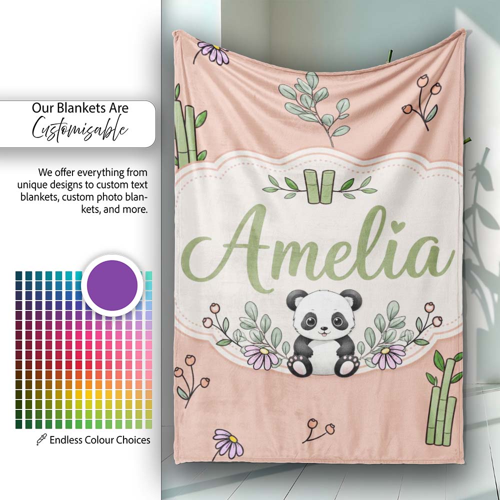 Cute Panda Bamboo and Floral Minimal Seamless Pattern on Peach Personalised Custom Name Super Soft Fleece Blanket Bed Sofa Throw