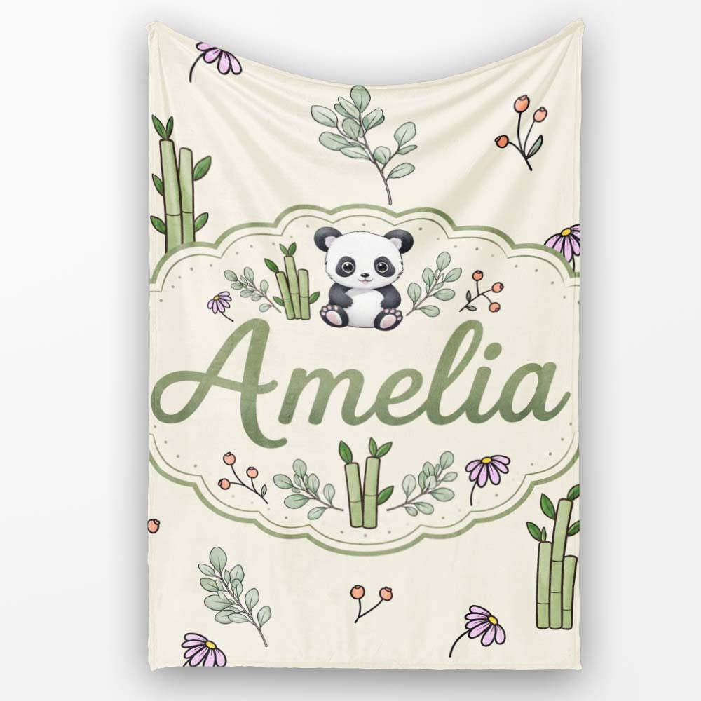 Panda Bamboo and Floral Minimal on Neutral Beige Background Lovely Personalised Custom Name Super Soft Fleece Blanket Bed Sofa Throw