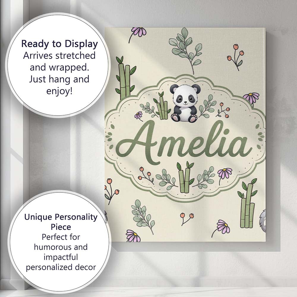 Personalised Name Panda Bamboo and Floral Custom Unique Gift Idea Elegant Feature Canvas Wall Art Print Decor Picture Ready to Hang