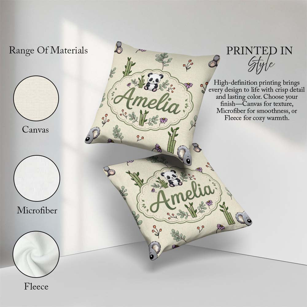 Custom Name Panda Bamboo and Minimal on Neutral Beige Background Square Filled Cushion Throw Pillow Sofa Bed Home Decor Zip Washable UK Made