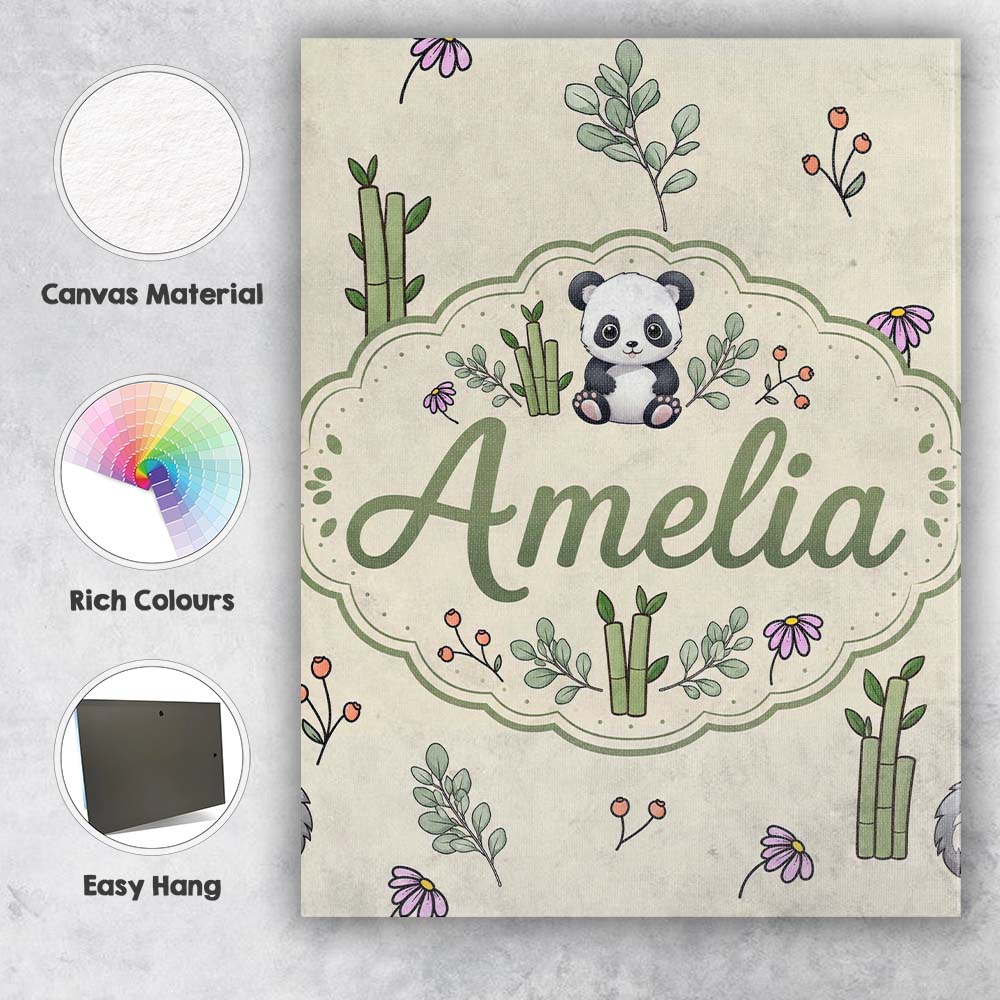 Personalised Name Panda Bamboo and Floral Custom Unique Gift Idea Elegant Feature Canvas Wall Art Print Decor Picture Ready to Hang