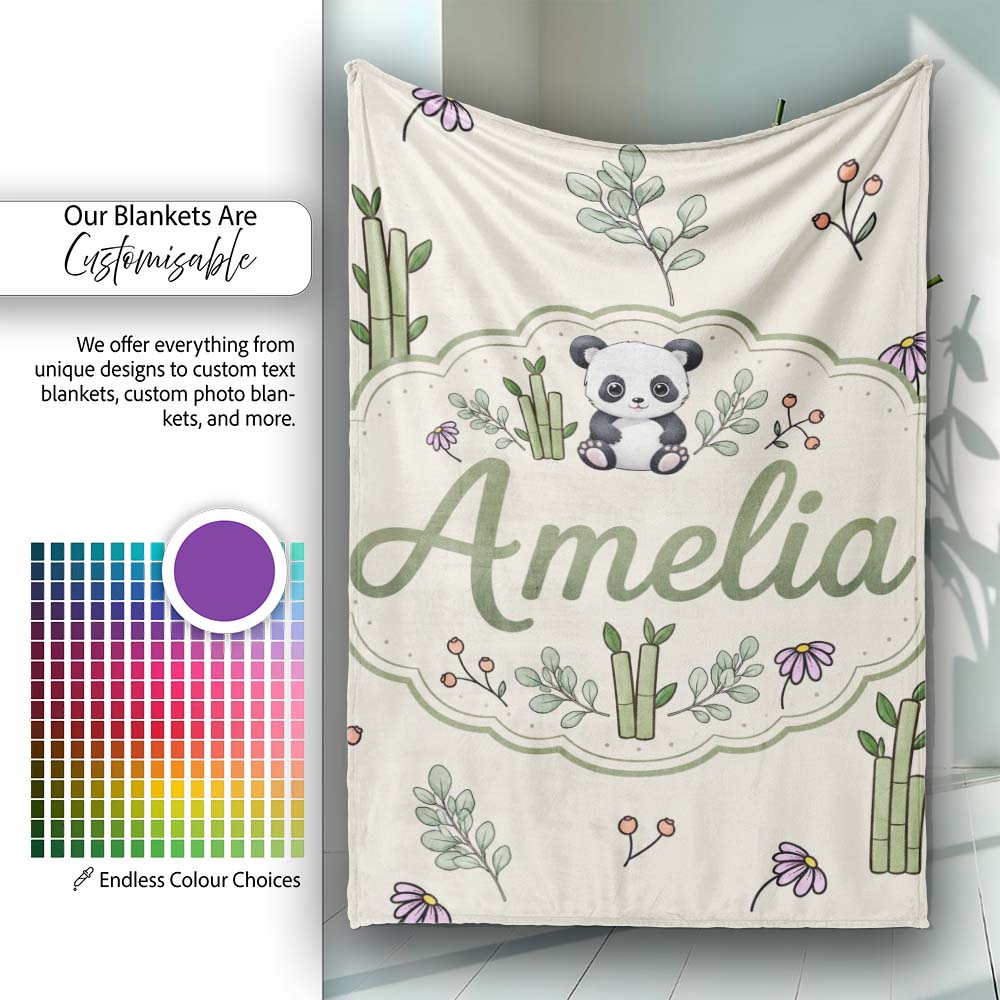 Panda Bamboo and Floral Minimal on Neutral Beige Background Lovely Personalised Custom Name Super Soft Fleece Blanket Bed Sofa Throw