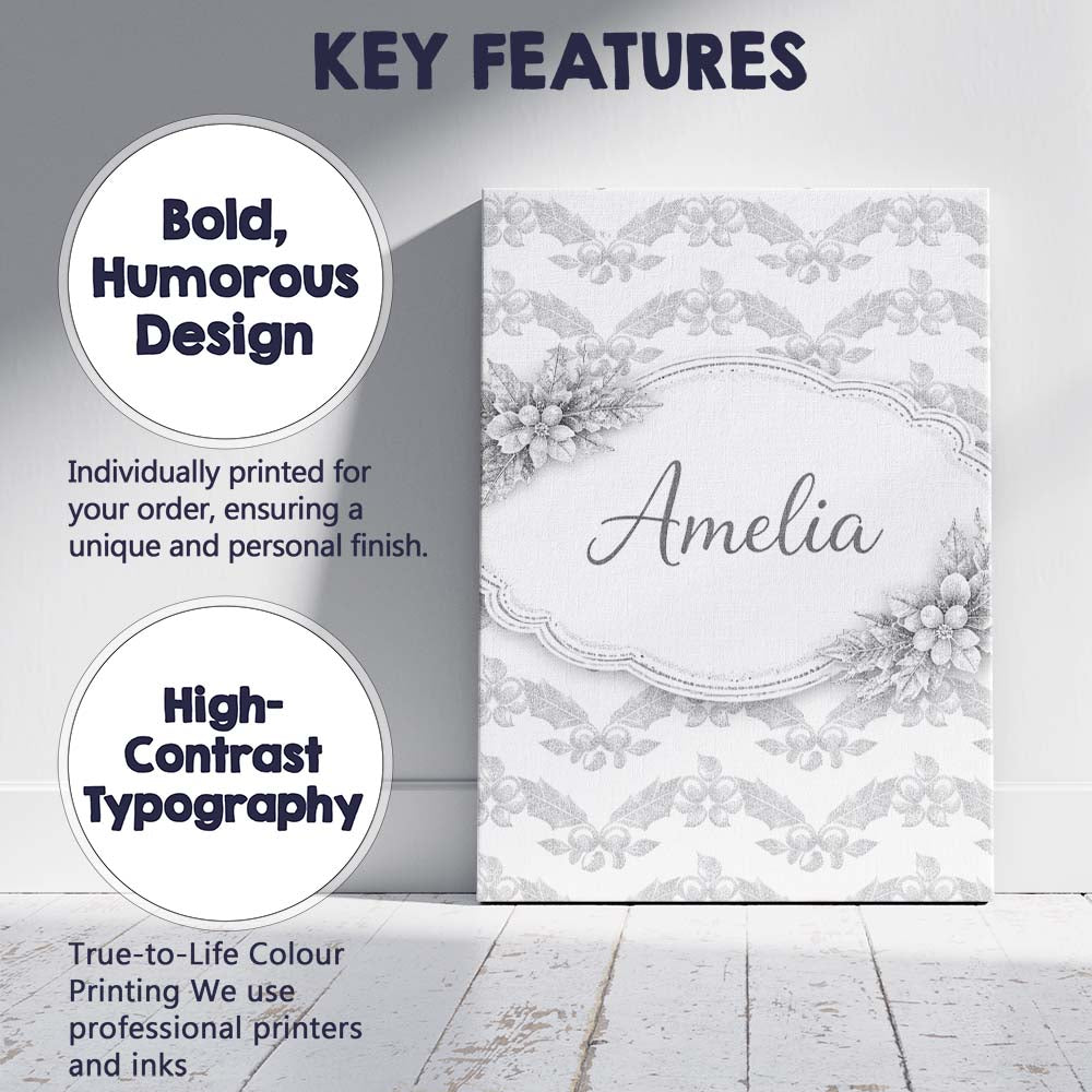 Personalised Name Grey Ornamental Geometric Lace Pattern Elegant Custom Interior Canvas Wall Art Print Decor Picture Ready to Hang