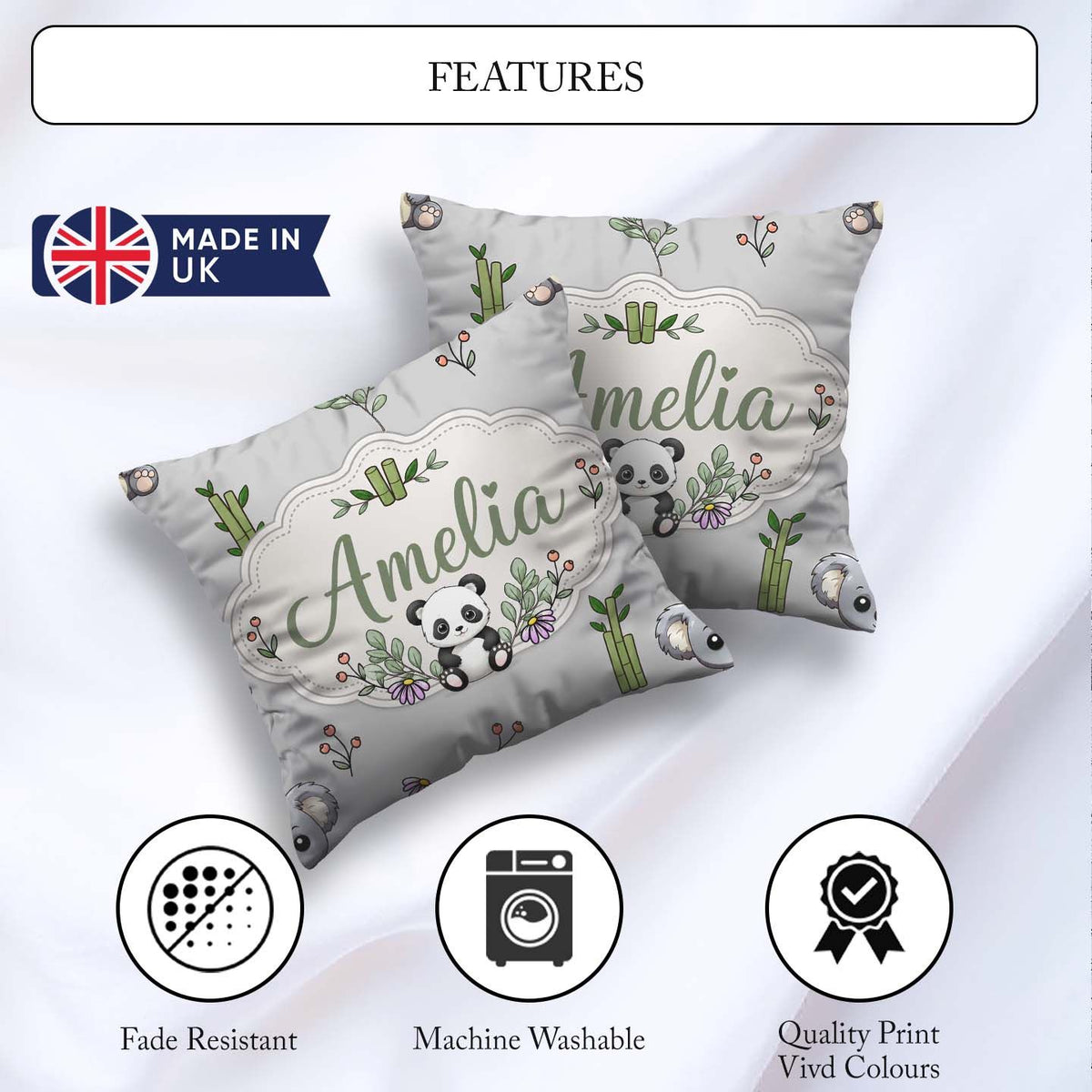 Custom Name Cute Panda Bamboo and Floral Minimal Pattern on Grey Square Filled Cushion Throw Pillow Sofa Bed Home Decor Zip Washable UK Made