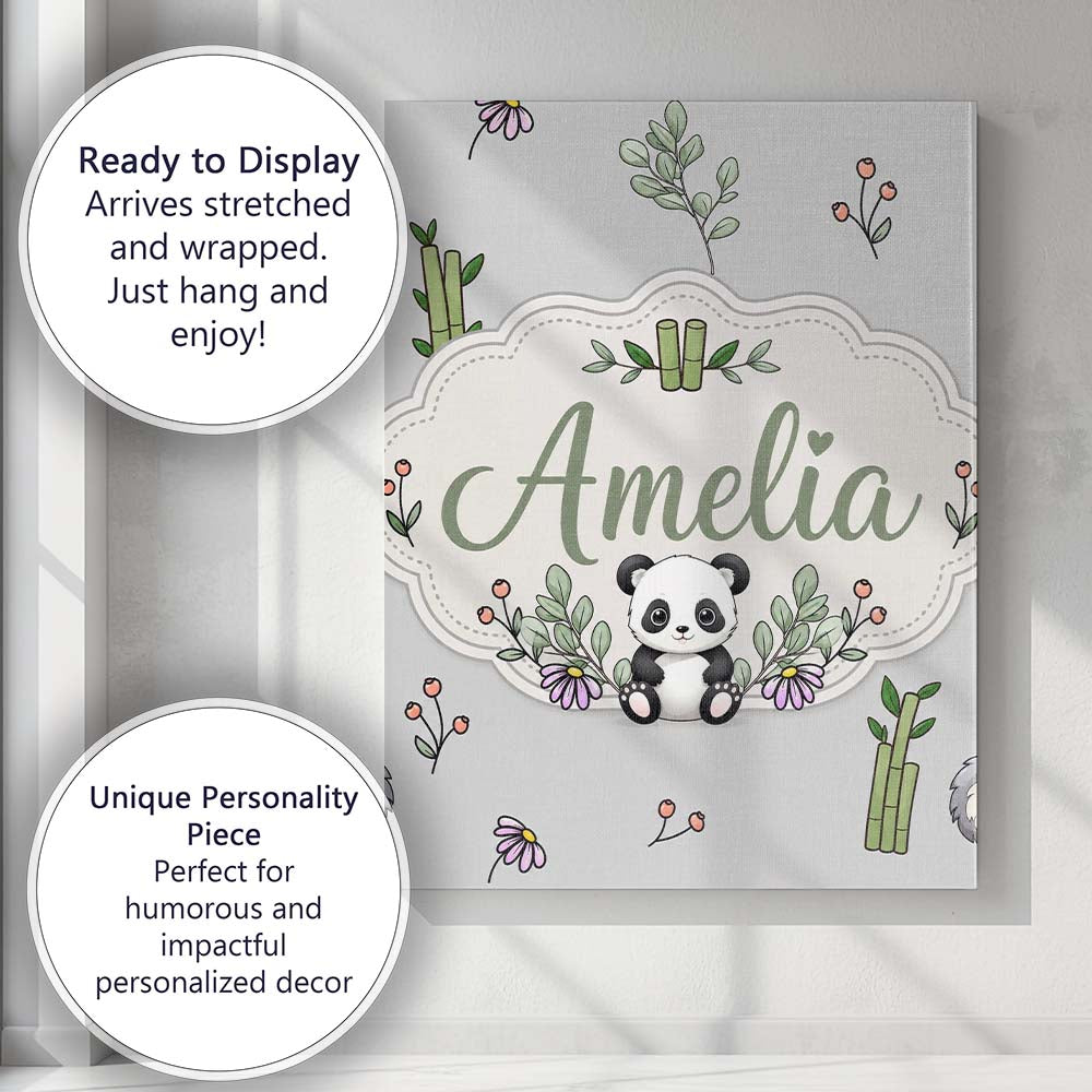 Personalised Name Cute Panda Bamboo and Custom Modern Room Accent Elegant Feature Canvas Wall Art Print Decor Picture Ready to Hang