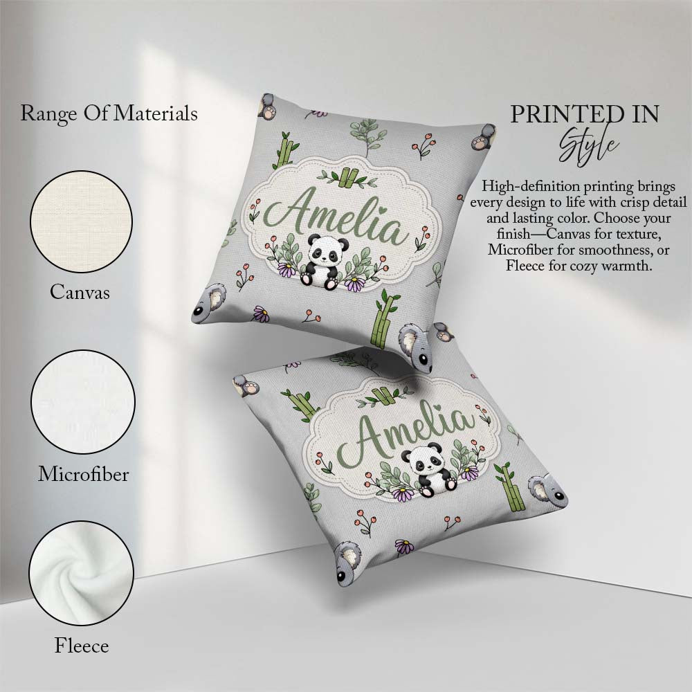 Custom Name Cute Panda Bamboo and Floral Minimal Pattern on Grey Square Filled Cushion Throw Pillow Sofa Bed Home Decor Zip Washable UK Made