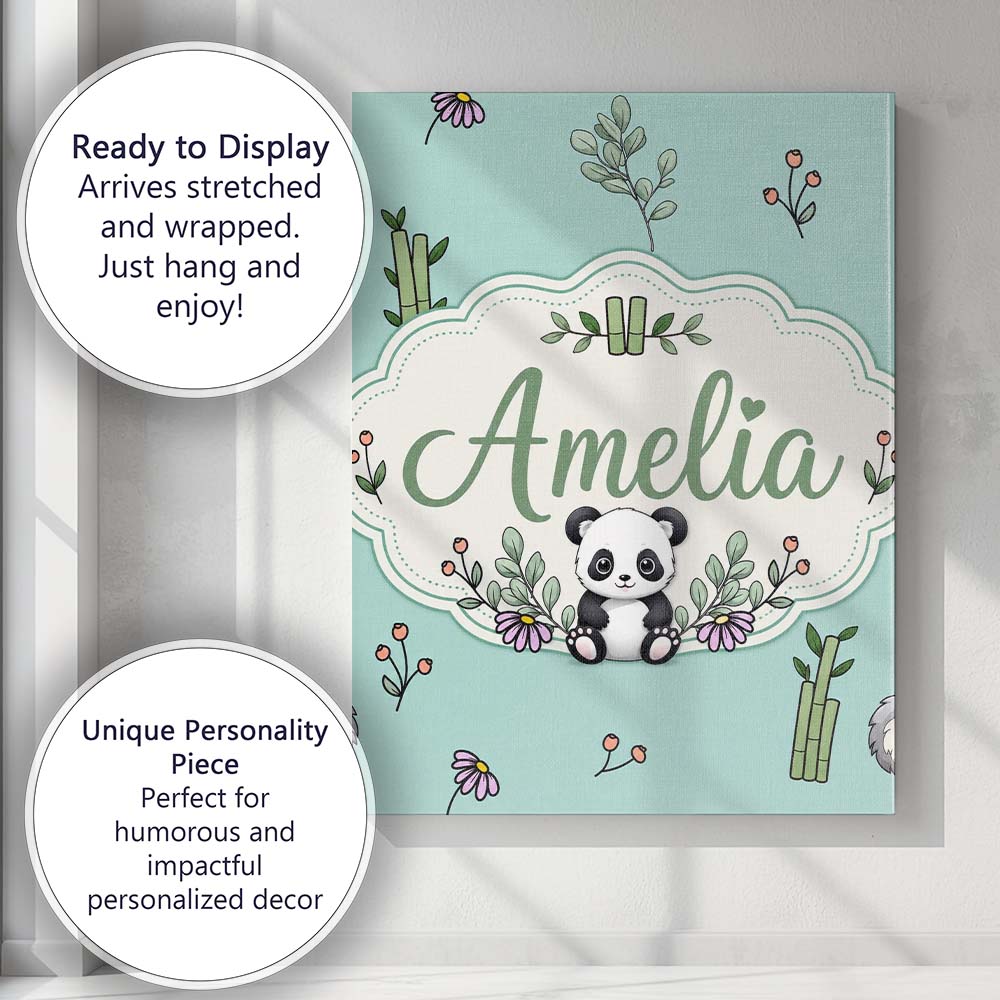 Personalised Name Cute Panda Bamboo and Custom Modern Room Accent Elegant Feature Canvas Wall Art Print Decor Picture Ready to Hang