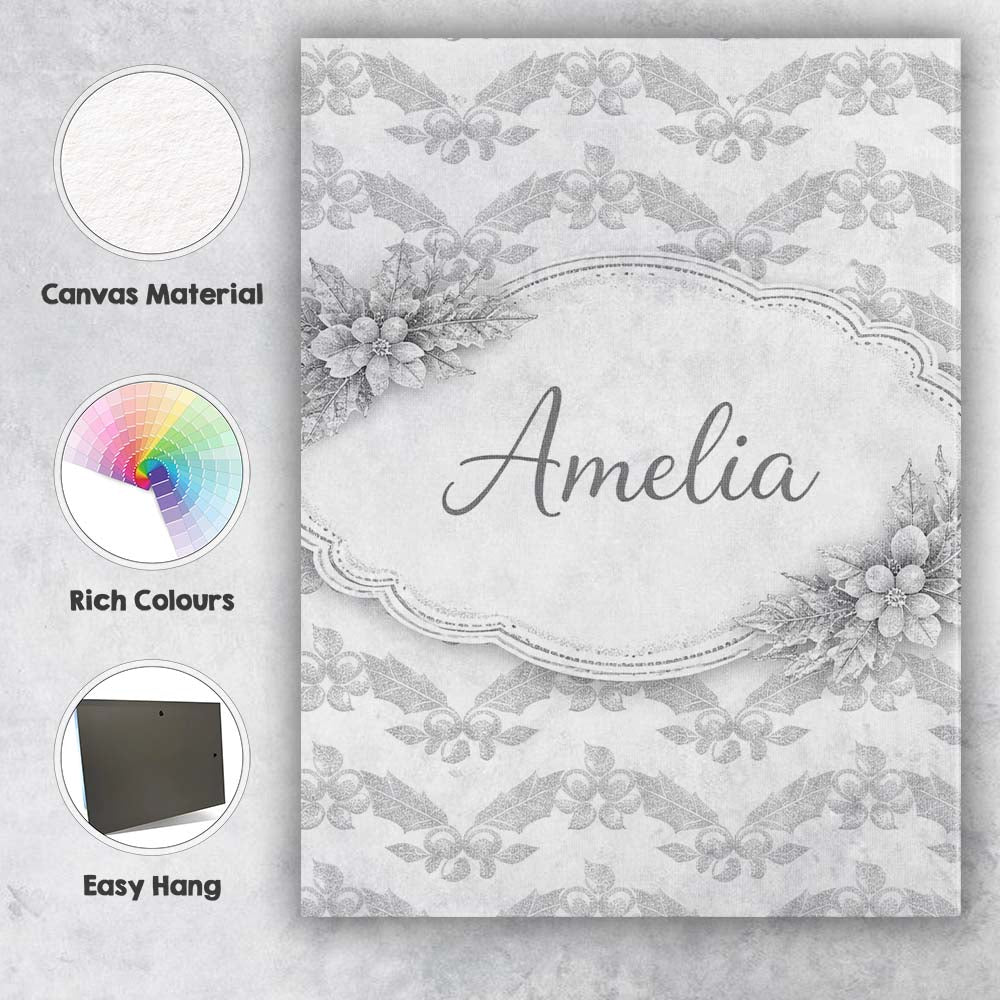 Personalised Name Grey Ornamental Geometric Lace Pattern Elegant Custom Interior Canvas Wall Art Print Decor Picture Ready to Hang