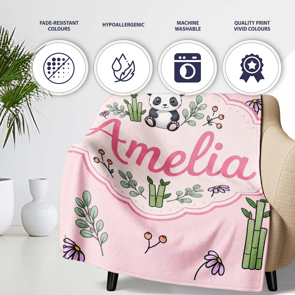 Cute Panda Bamboo and Floral Minimal Seamless Pattern on Soft Pink Personalised Custom Name Super Soft Fleece Blanket Bed Sofa Throw