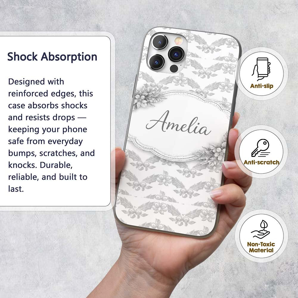 Grey Ornamental Geometric Lace Pattern Elegant Custom Name Protective Phone Case Mobile Cover Durable Everyday Smartphone Shock Resistant