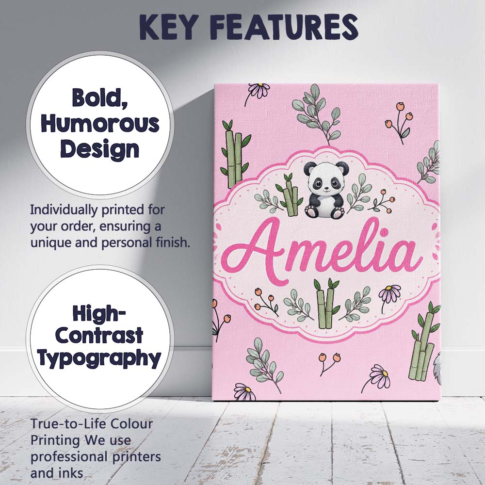 Personalised Name Cute Panda Bamboo and Custom Modern Room Accent Elegant Feature Canvas Wall Art Print Decor Picture Ready to Hang