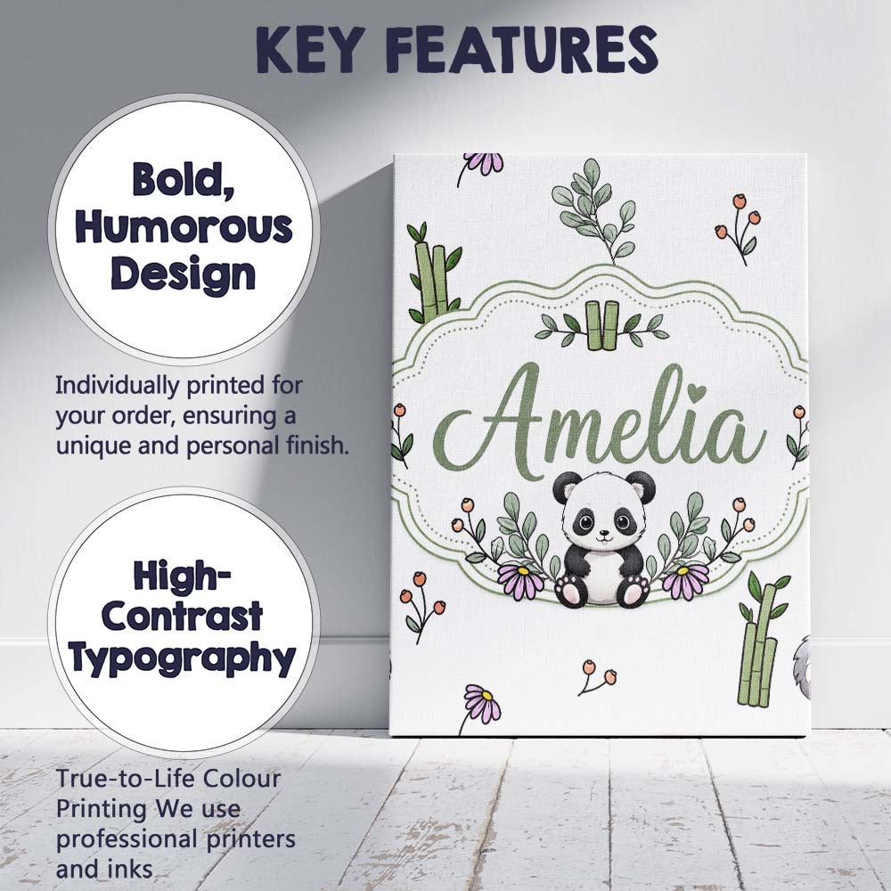 Personalised Name Cute Panda Bamboo and Custom Modern Room Accent Elegant Feature Canvas Wall Art Print Decor Picture Ready to Hang