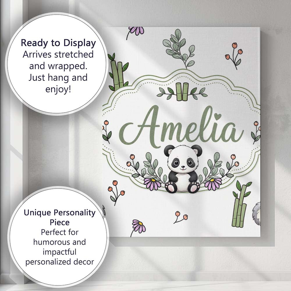 Personalised Name Cute Panda Bamboo and Custom Modern Room Accent Elegant Feature Canvas Wall Art Print Decor Picture Ready to Hang