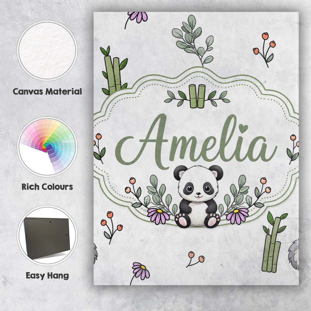 Personalised Name Cute Panda Bamboo and Custom Modern Room Accent Elegant Feature Canvas Wall Art Print Decor Picture Ready to Hang