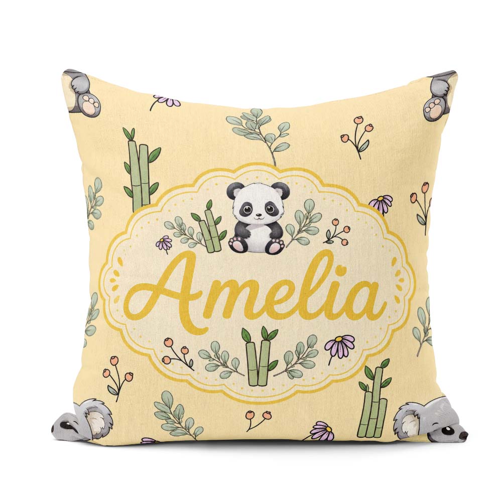 Custom Name Cute Panda Bamboo and Floral Minimal Pattern on Warm Square Filled Cushion Throw Pillow Sofa Bed Home Decor Zip Washable UK Made