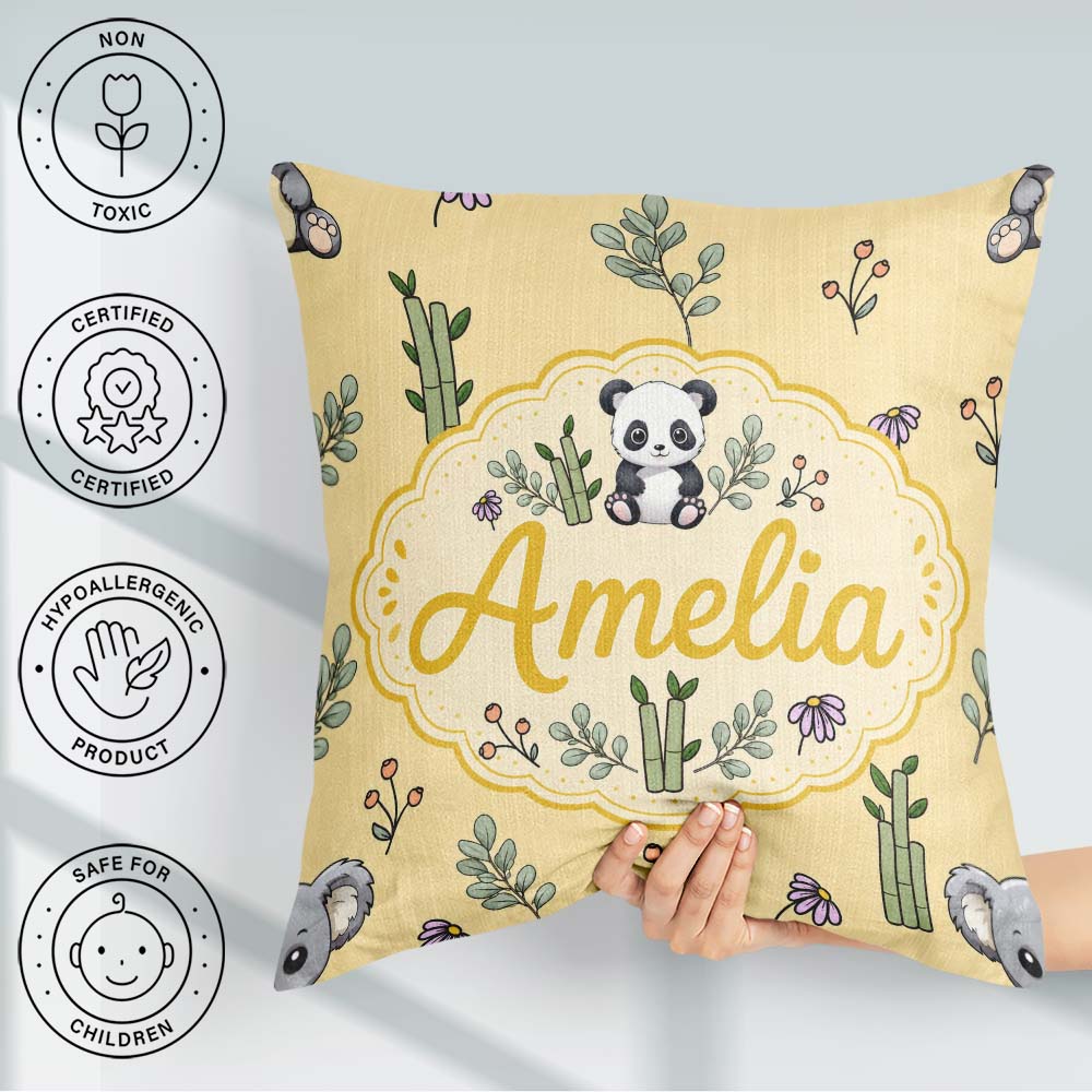 Custom Name Cute Panda Bamboo and Floral Minimal Pattern on Warm Square Filled Cushion Throw Pillow Sofa Bed Home Decor Zip Washable UK Made