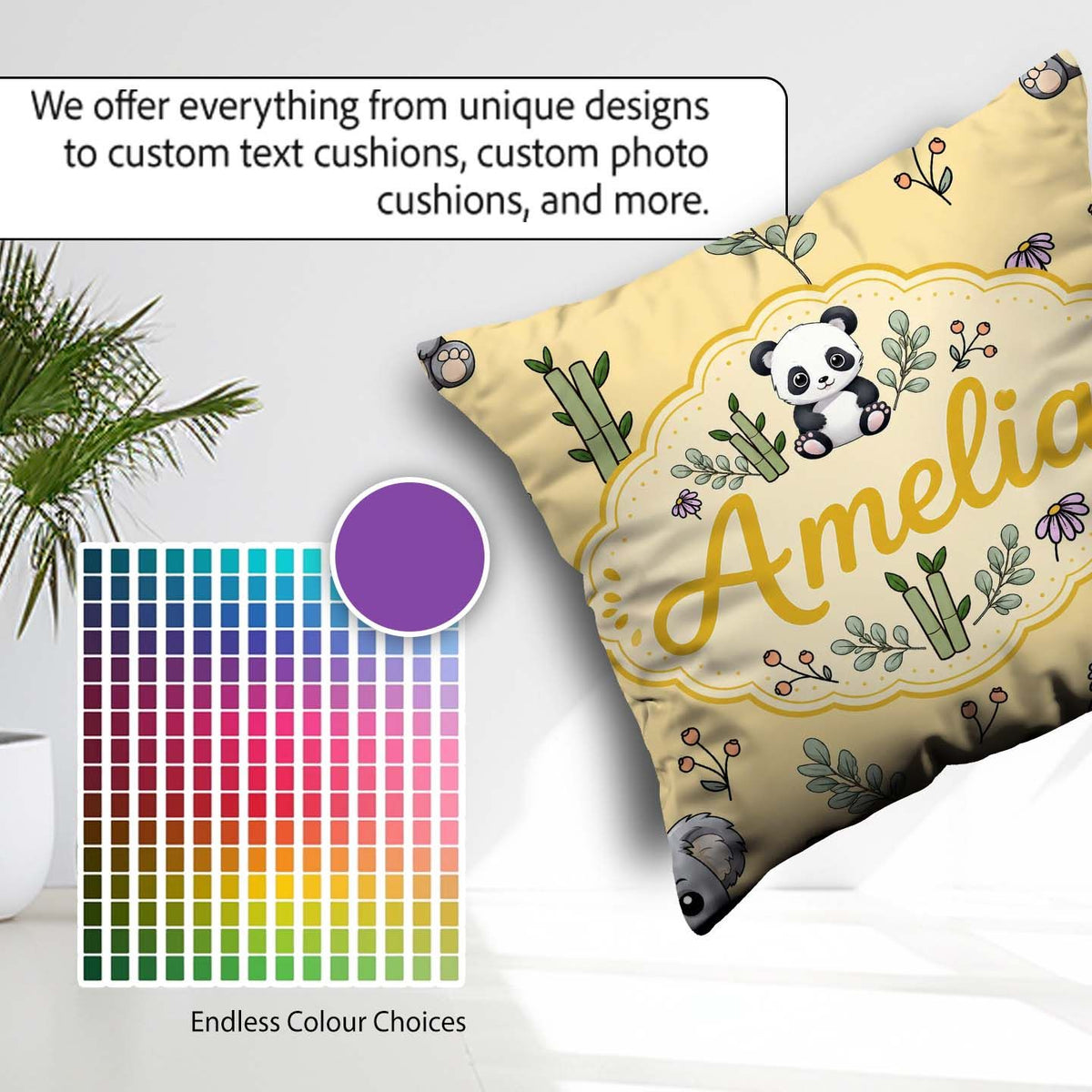 Custom Name Cute Panda Bamboo and Floral Minimal Pattern on Warm Square Filled Cushion Throw Pillow Sofa Bed Home Decor Zip Washable UK Made