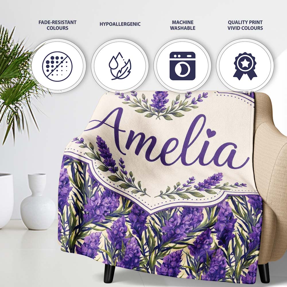 Bold Purple Lavender Floral Seamless Pattern with Dense Botanical Personalised Custom Name Super Soft Fleece Blanket Bed Sofa Throw