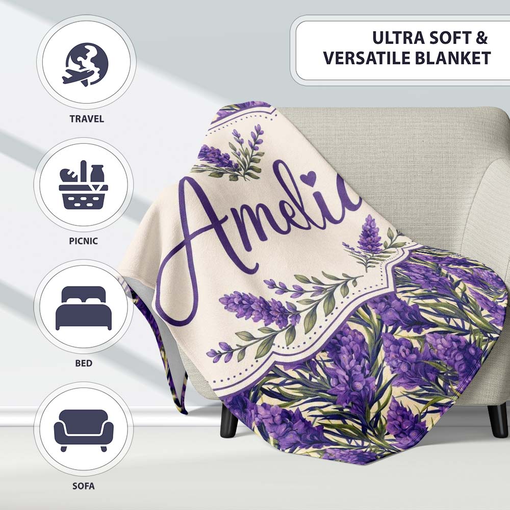 Bold Purple Lavender Floral Seamless Pattern with Dense Botanical Personalised Custom Name Super Soft Fleece Blanket Bed Sofa Throw