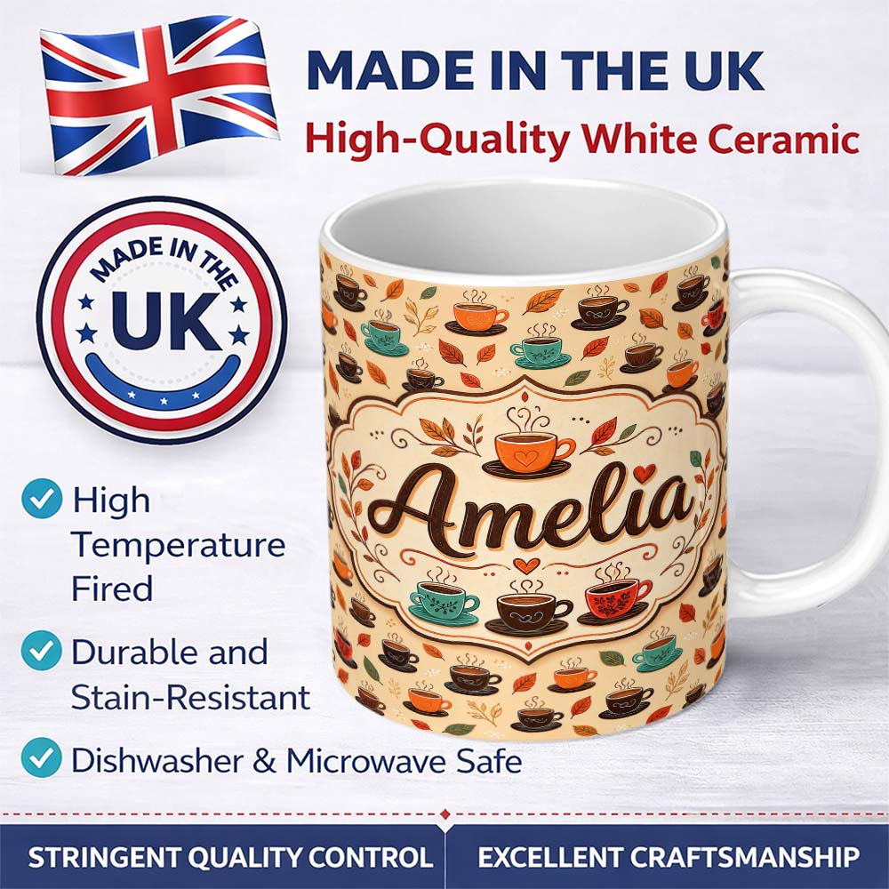 Personalized Custom Name Autumn Coffee Cups with Falling Leaves Seamless Pattern Lovely 11oz Ceramic Coffee Tea Mug White Large Handle