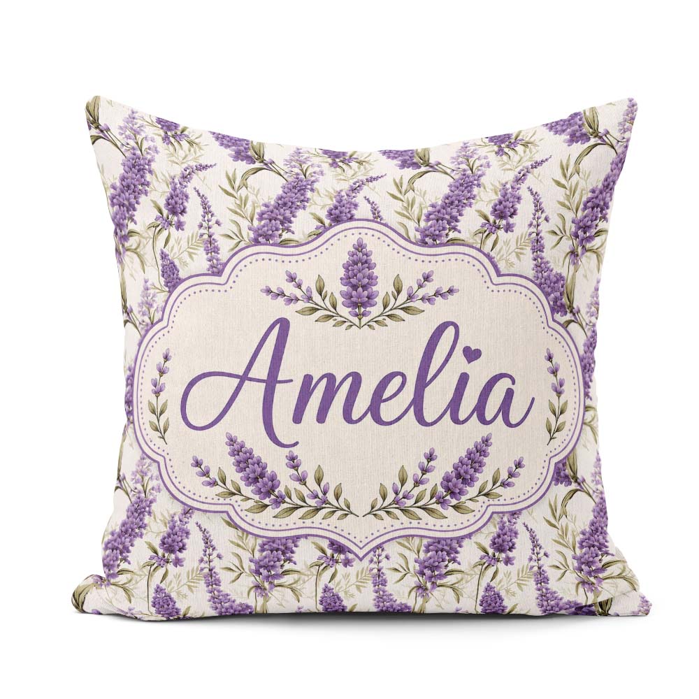 Custom Name Elegant Lavender Sprigs Botanical on Soft Background Square Filled Cushion Throw Pillow Sofa Bed Home Decor Zip Washable UK Made