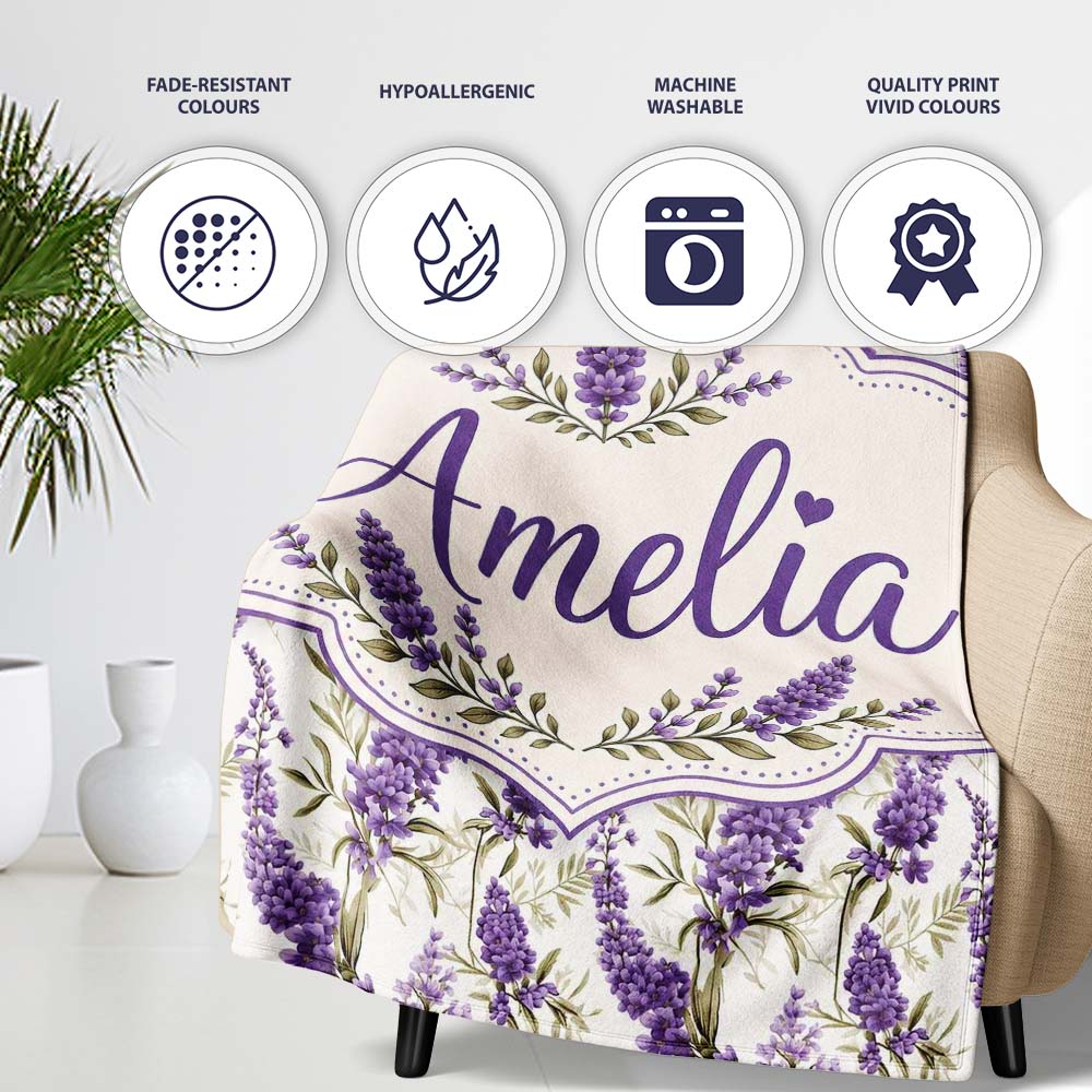 Elegant Lavender Sprigs Botanical Repeat on Soft Neutral Background Personalised Custom Name Super Soft Fleece Blanket Bed Sofa Throw