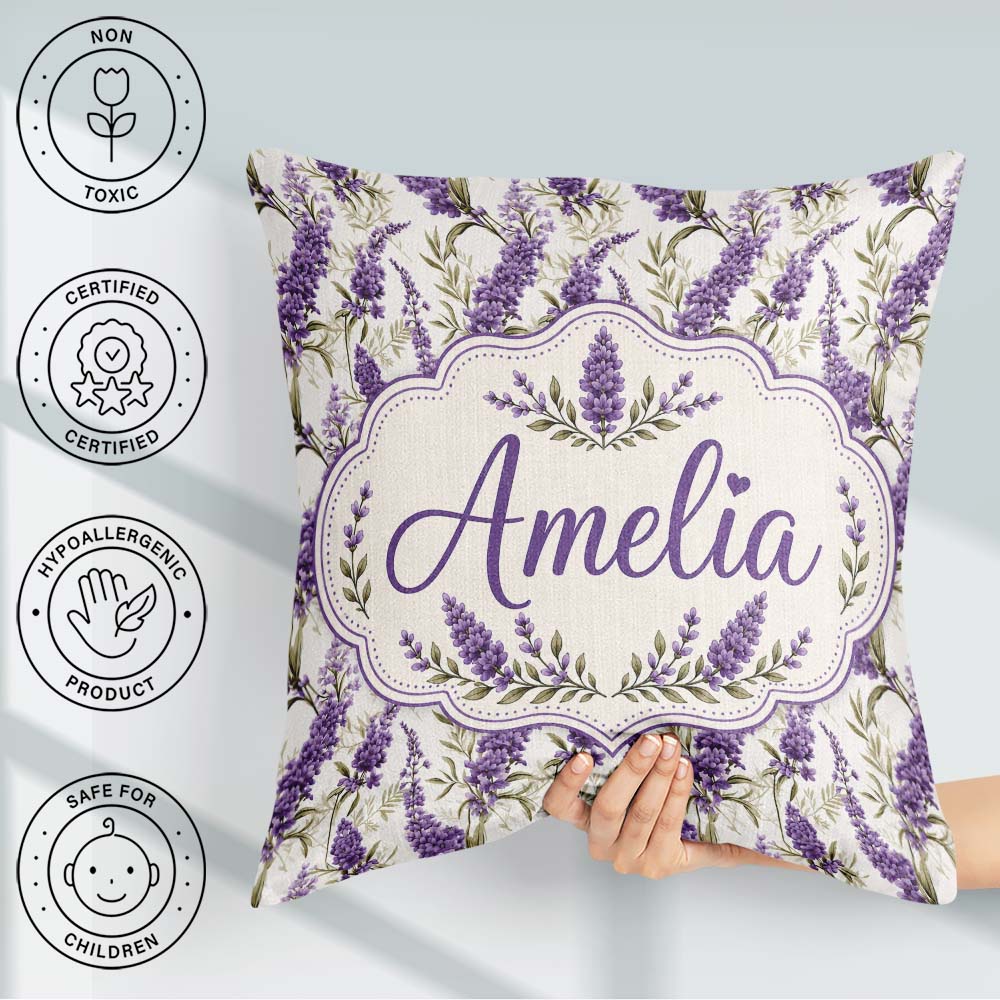 Custom Name Elegant Lavender Sprigs Botanical on Soft Background Square Filled Cushion Throw Pillow Sofa Bed Home Decor Zip Washable UK Made