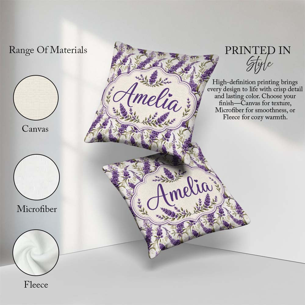 Custom Name Elegant Lavender Sprigs Botanical on Soft Background Square Filled Cushion Throw Pillow Sofa Bed Home Decor Zip Washable UK Made