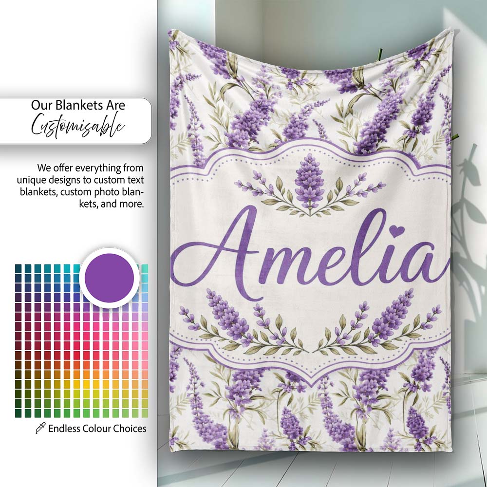 Elegant Lavender Sprigs Botanical Repeat on Soft Neutral Background Personalised Custom Name Super Soft Fleece Blanket Bed Sofa Throw