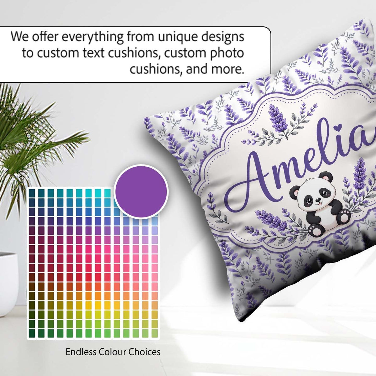 Custom Name Minimal Lavender Leaf and Stem Repeat in Soft Purple Square Filled Cushion Throw Pillow Sofa Bed Home Decor Zip Washable UK Made