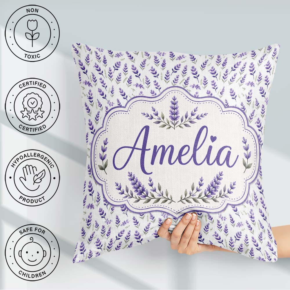 Custom Name Subtle Lavender Scatter Pattern Gentle Pastel Shades Square Filled Cushion Throw Pillow Sofa Bed Home Decor Zip Washable UK Made