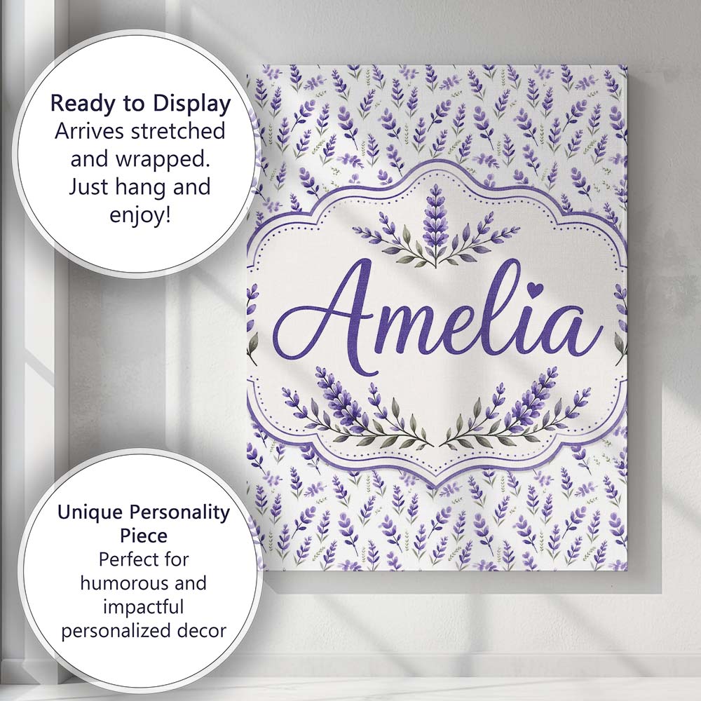 Personalised Name Subtle Lavender Botanical Custom Bespoke Interior Contemporary Canvas Wall Art Print Decor Picture Ready to Hang