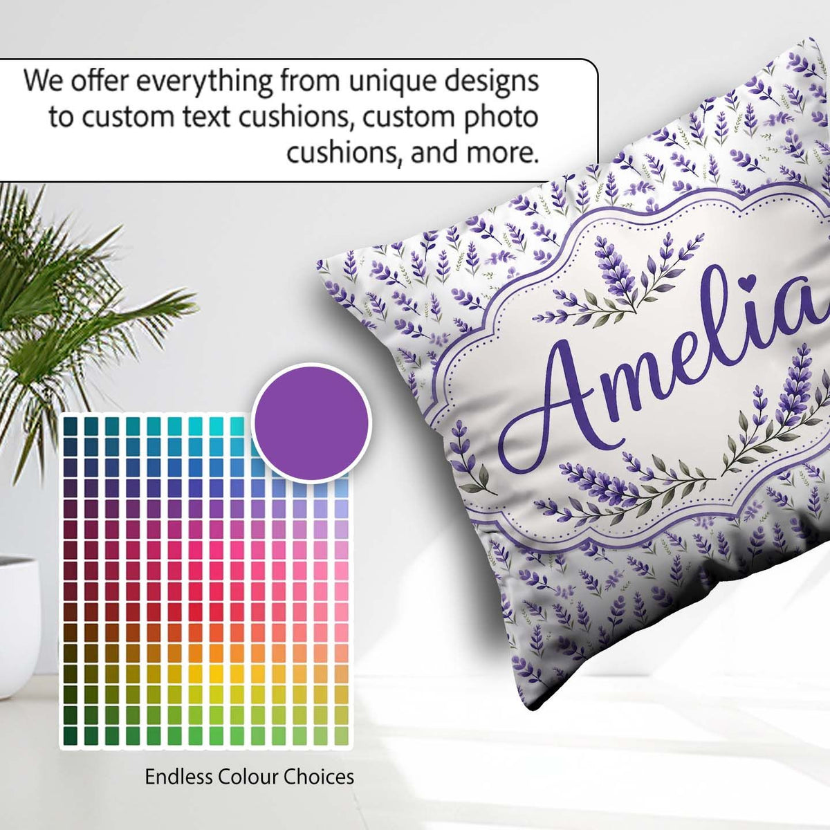 Custom Name Subtle Lavender Scatter Pattern Gentle Pastel Shades Square Filled Cushion Throw Pillow Sofa Bed Home Decor Zip Washable UK Made