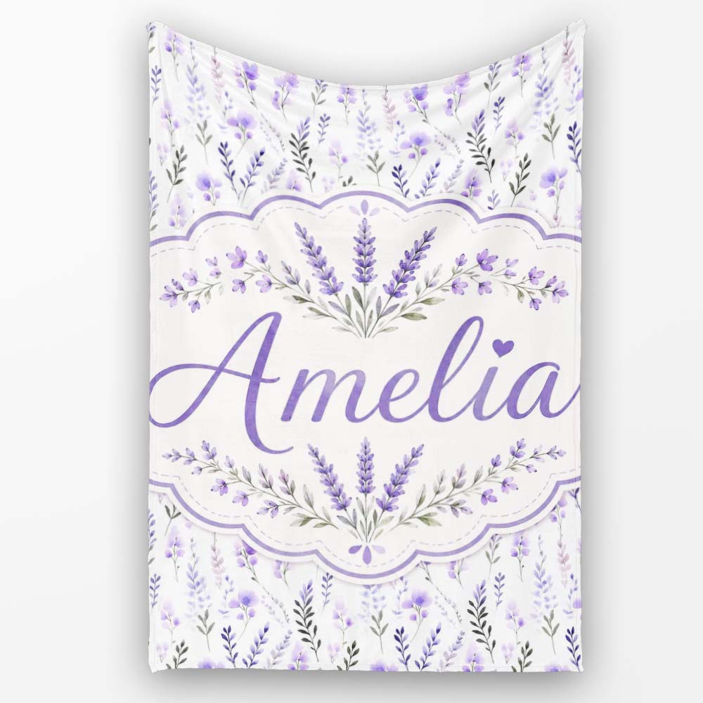 Soft Watercolour Lavender Flowers and Foliage Seamless Design Lovely Personalised Custom Name Super Soft Fleece Blanket Bed Sofa Throw