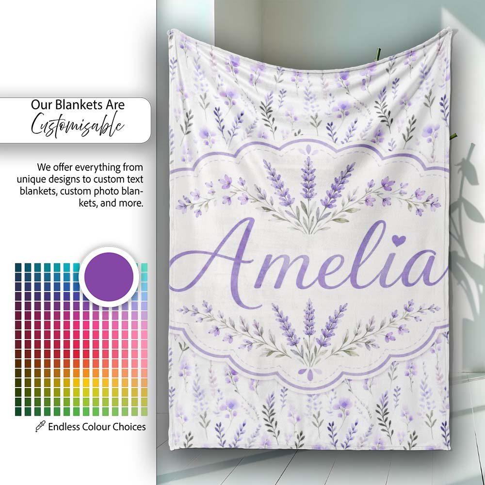 Soft Watercolour Lavender Flowers and Foliage Seamless Design Lovely Personalised Custom Name Super Soft Fleece Blanket Bed Sofa Throw