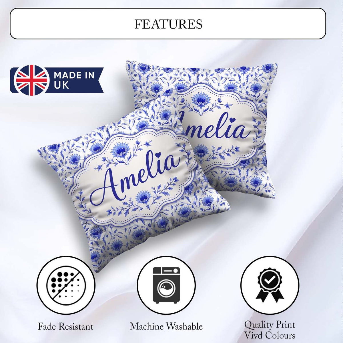 Custom Name Artistic Lavender Floral Pattern with Muted and Fine Square Filled Cushion Throw Pillow Sofa Bed Home Decor Zip Washable UK Made