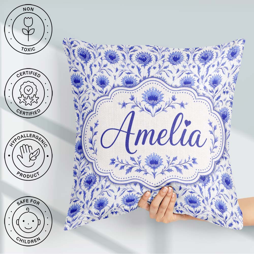 Custom Name Artistic Lavender Floral Pattern with Muted and Fine Square Filled Cushion Throw Pillow Sofa Bed Home Decor Zip Washable UK Made