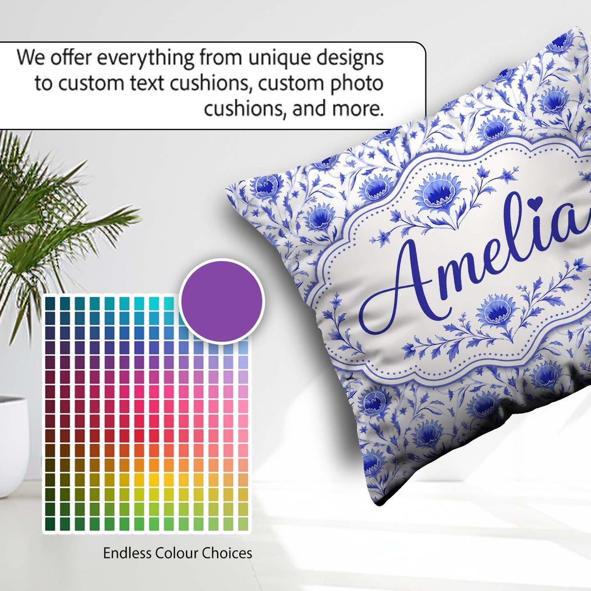 Custom Name Artistic Lavender Floral Pattern with Muted and Fine Square Filled Cushion Throw Pillow Sofa Bed Home Decor Zip Washable UK Made