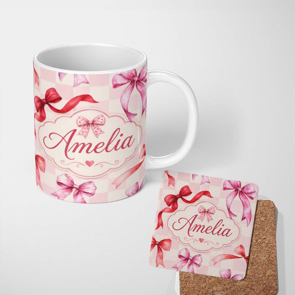 Personalized Custom Name Watercolor Ribbon Bow Seamless Pattern on Pink Gingham Background 11oz Ceramic Coffee Tea Mug White Large Handle