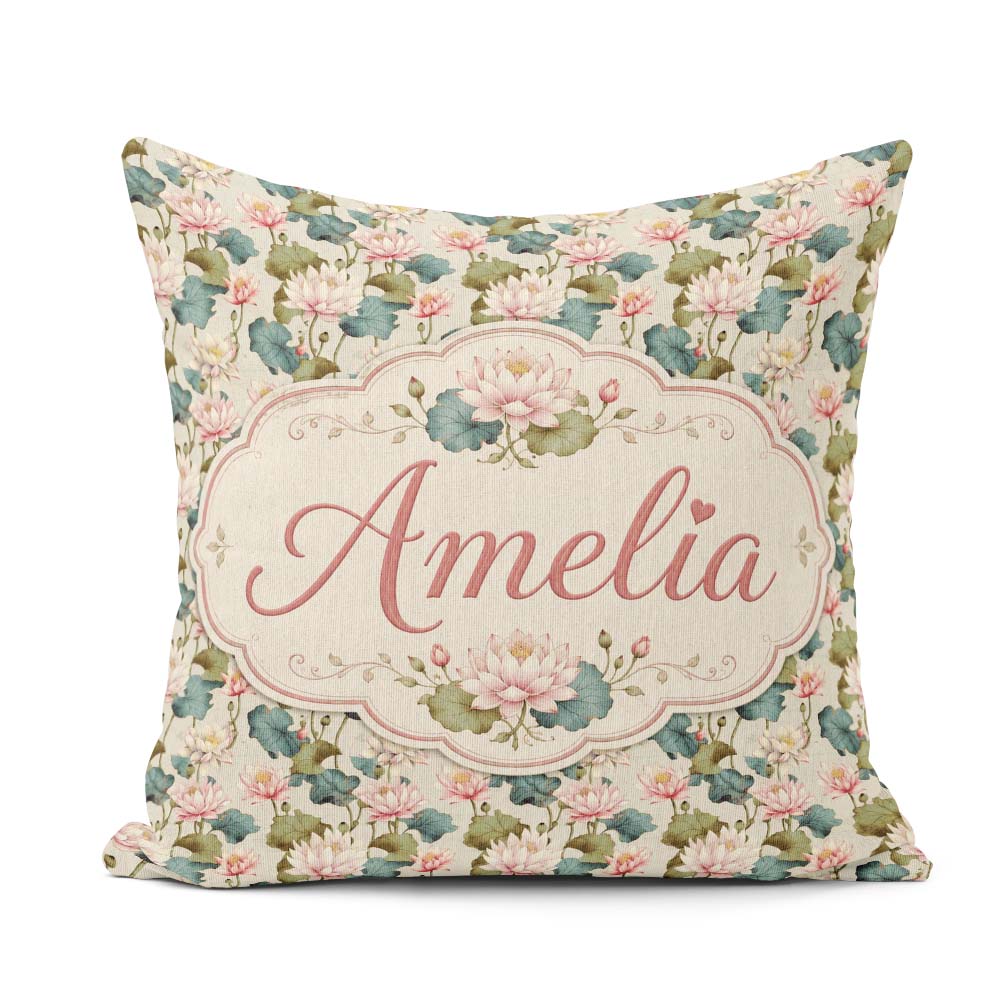 Custom Name Classic Lotus Flower with Soft Pink Blooms and Green Square Filled Cushion Throw Pillow Sofa Bed Home Decor Zip Washable UK Made