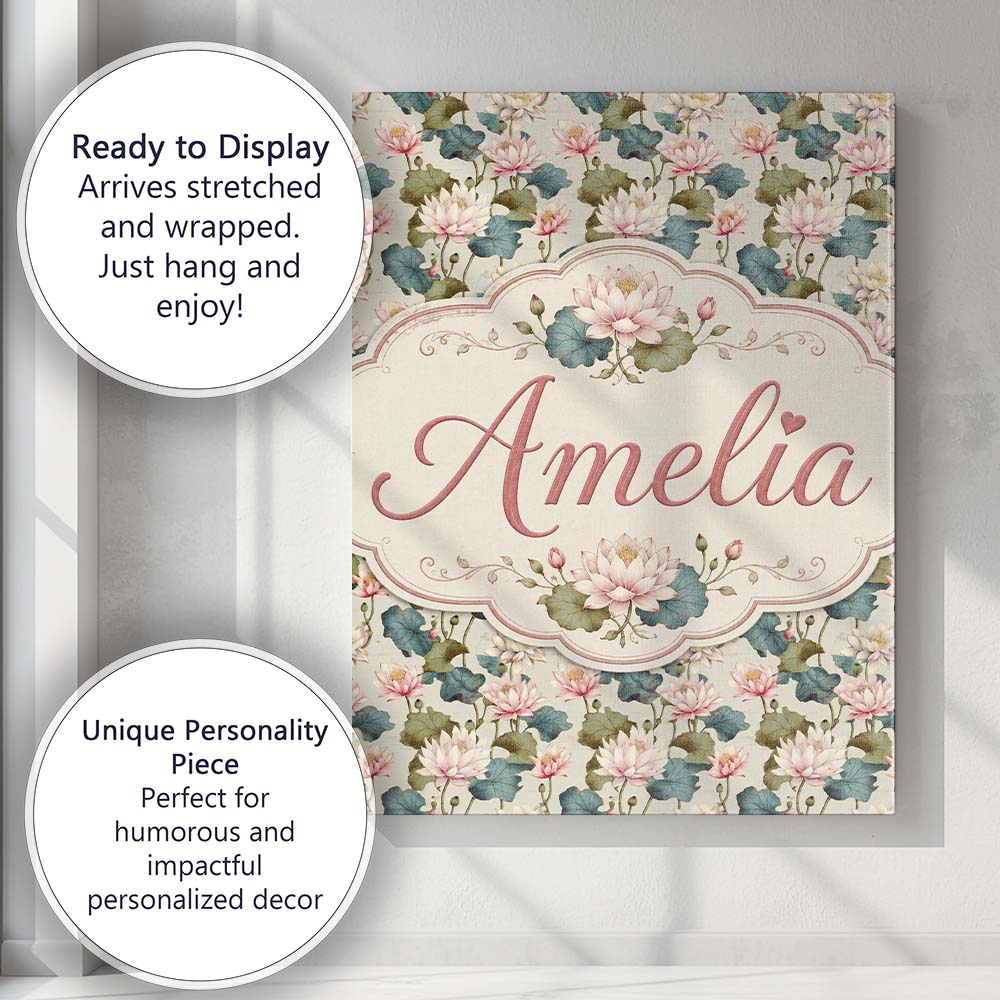 Personalised Name Classic Lotus Flower Custom Modern Room Accent Elegant Feature Canvas Wall Art Print Decor Picture Ready to Hang