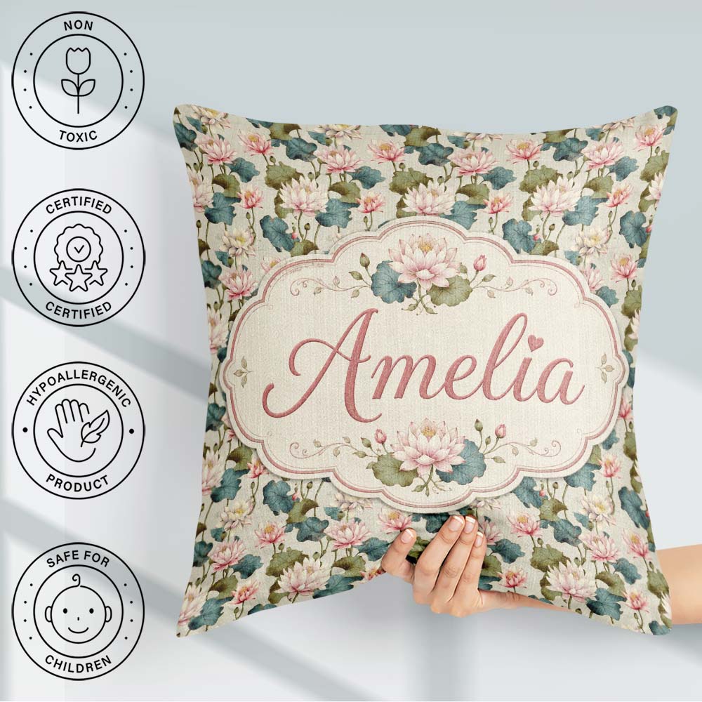 Custom Name Classic Lotus Flower with Soft Pink Blooms and Green Square Filled Cushion Throw Pillow Sofa Bed Home Decor Zip Washable UK Made