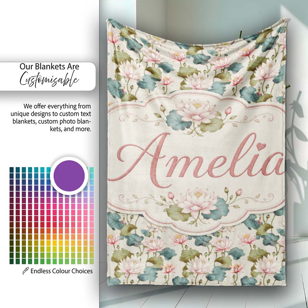Classic Lotus Flower Pattern with Soft Pink Blooms and Green Leaves Personalised Custom Name Super Soft Fleece Blanket Bed Sofa Throw