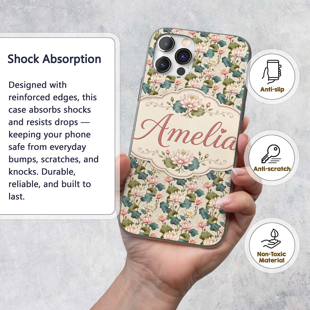 Classic Lotus Flower Pattern with Printed Design Custom Name Protective Phone Case Mobile Cover Durable Everyday Smartphone Shock Resistant