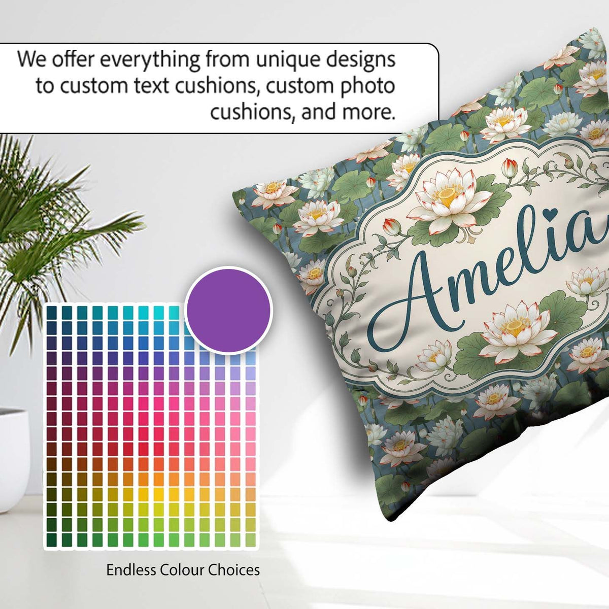 Custom Name Traditional Lotus Pond Floral Pattern with Calm Blue Square Filled Cushion Throw Pillow Sofa Bed Home Decor Zip Washable UK Made