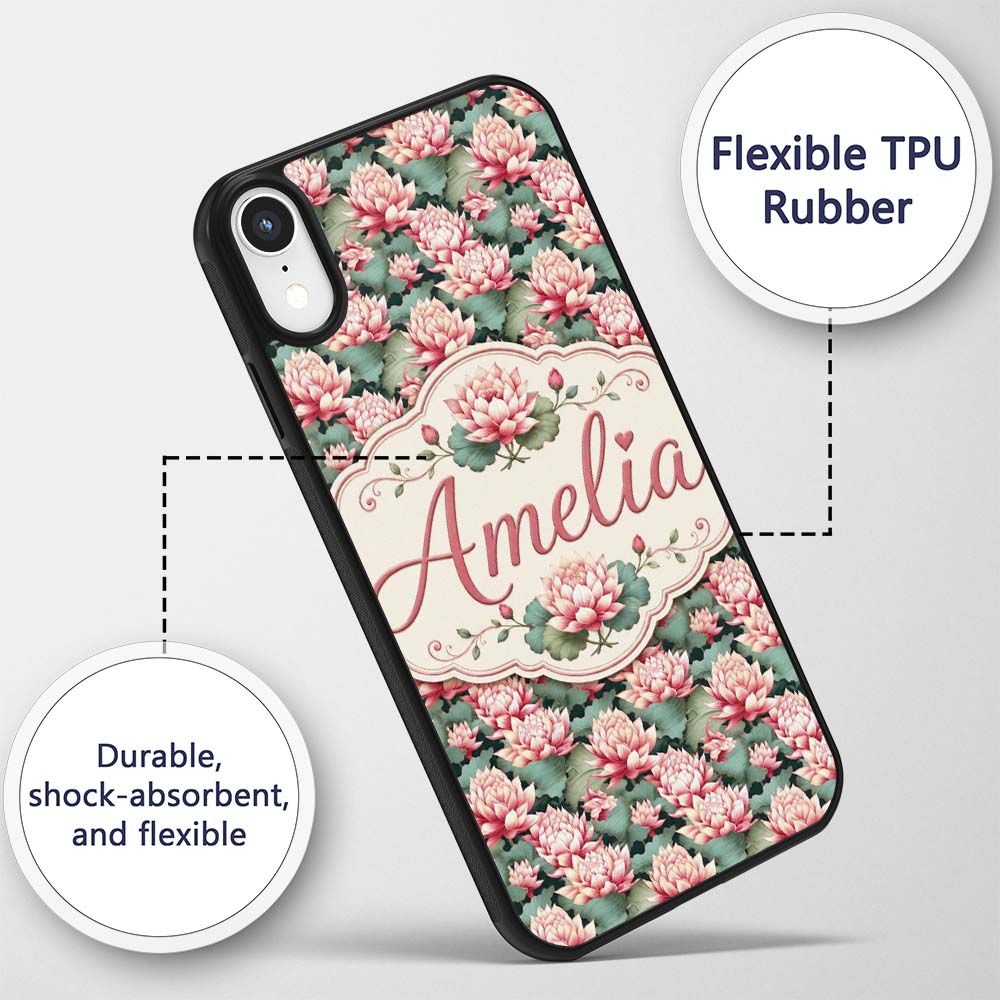 Vibrant Pink Lotus Flowers on Dark Background Custom Name Protective Phone Case Mobile Cover Durable Everyday Smartphone Shock Resistant