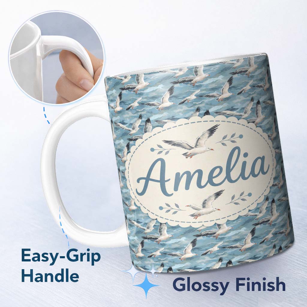 Personalized Custom Name Realistic Seagulls Over Blue Sea Waves Seamless Pattern Lovely 11oz Ceramic Coffee Tea Mug White Large Handle