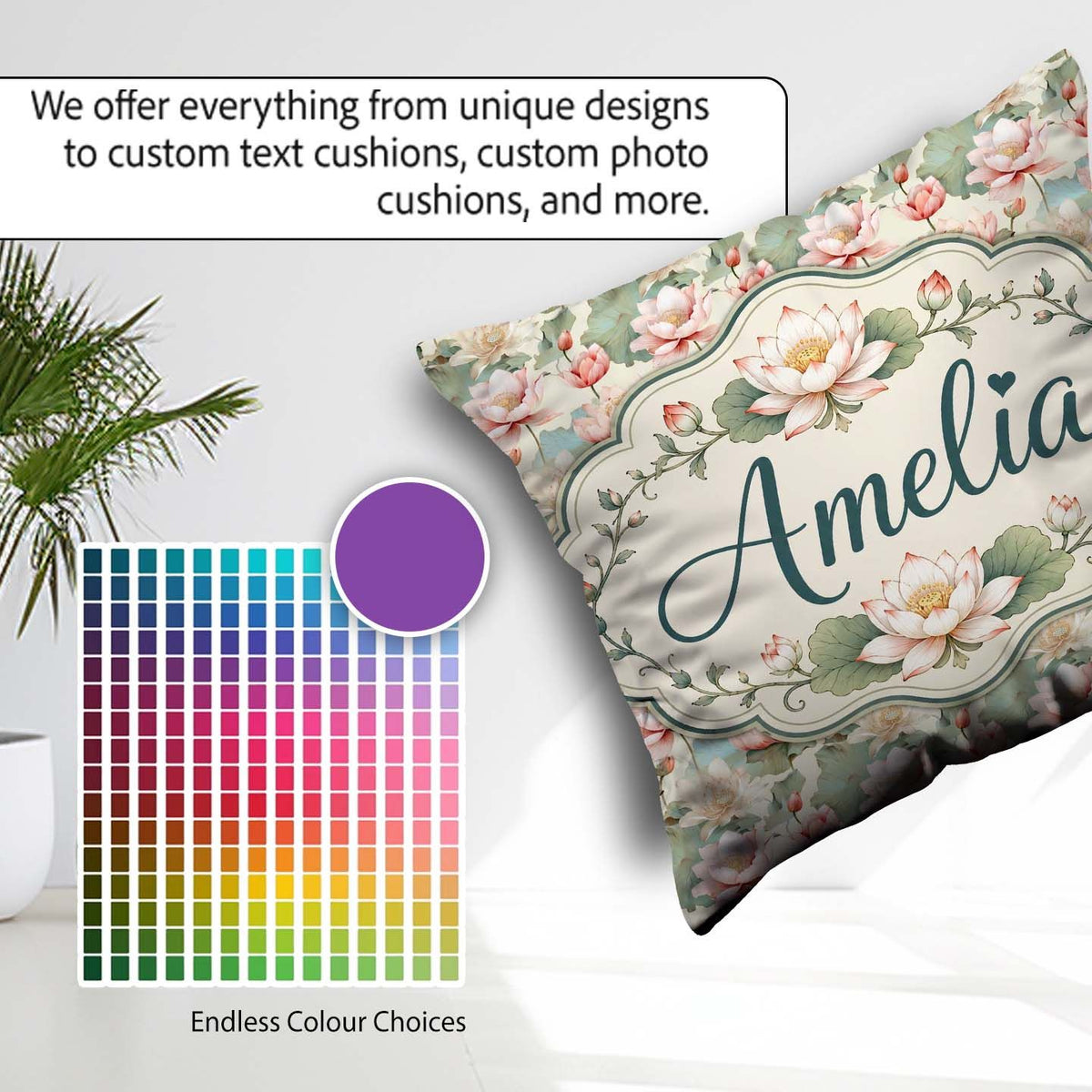 Custom Name Soft Pastel Blossom Pattern with Elegant Arrangement Square Filled Cushion Throw Pillow Sofa Bed Home Decor Zip Washable UK Made